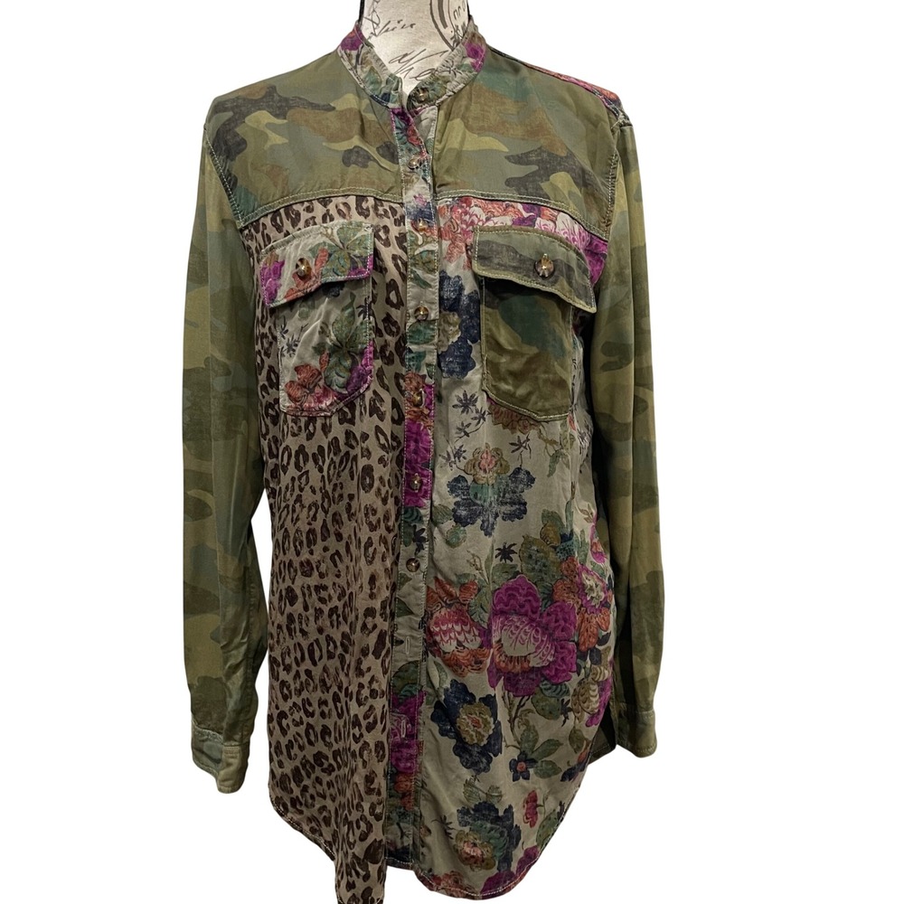 Pilcro Button Down Shirt Womens S Green Camo Floral Leopard Mixed Media Boho